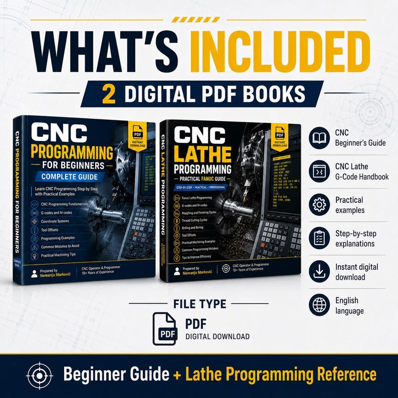 May include: Two digital PDF books titled CNC Programming for Beginners and CNC Lathe Programming. The covers feature images of CNC machinery and text detailing topics like G-codes, M-codes, and tool offsets. Includes icons for instant download.