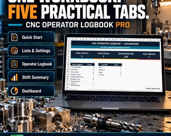 Plantilla de Excel para el registro de operaciones de máquinas CNC, seguimiento del tiempo de inactividad de la máquina y registro de incidencias en planta (descarga digital).