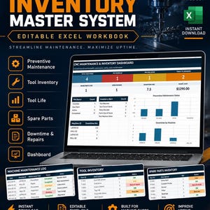 Puede incluir: Un sistema digital de mantenimiento e inventario CNC en una pantalla de portátil, que presenta un libro de Excel editable con paneles de control, registros de mantenimiento, inventarios de herramientas y listas de repuestos en un tema oscuro.
