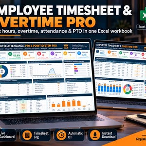 Puede incluir: Dos pantallas de ordenador muestran un libro de Excel Employee Timesheet & Overtime Pro. El panel incluye gráficos coloridos, estados de asistencia, resúmenes de vacaciones y tablas de seguimiento de riesgos de los empleados.