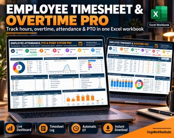 Employee Timesheet Excel Template | Overtime Tracker, Payroll Hours & Labor Cost Dashboard