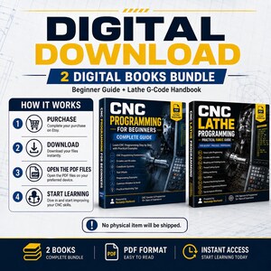 May include: A digital download bundle featuring two books: CNC Programming for Beginners and CNC Lathe Programming. The graphic includes a how-it-works section, a list of topics covered, and a note stating that no physical item will be shipped.