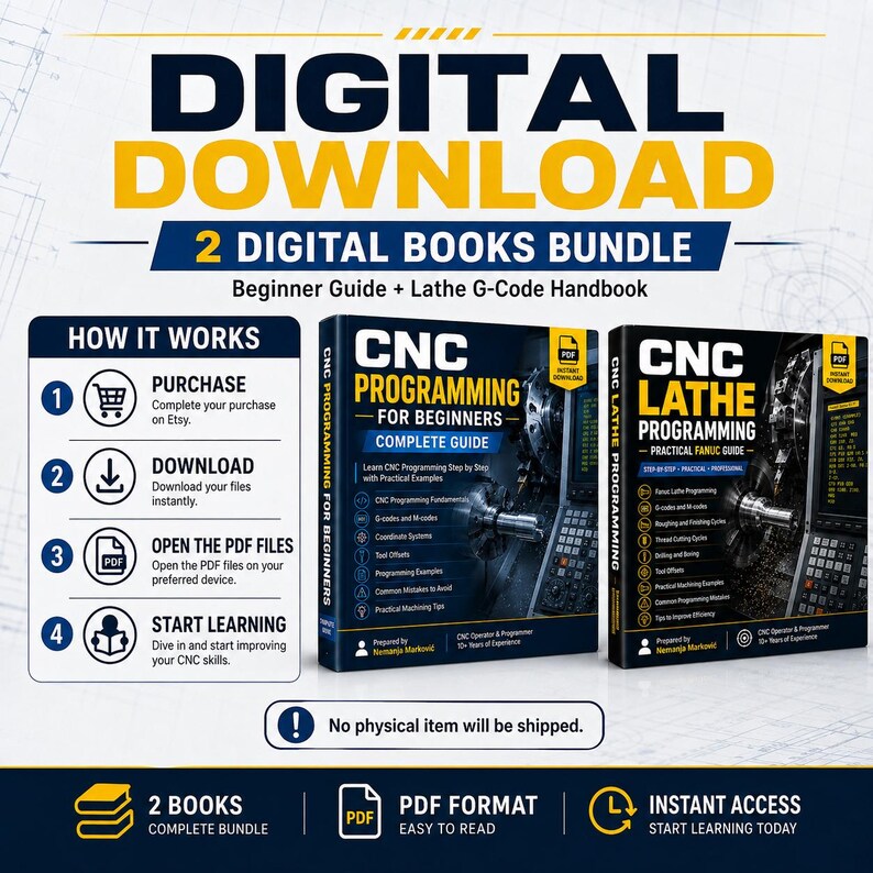 May include: A digital download bundle featuring two books: CNC Programming for Beginners and CNC Lathe Programming. The graphic includes a how-it-works section, a list of topics covered, and a note stating that no physical item will be shipped.