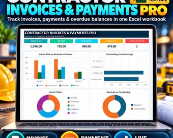 Contractor Invoice Tracker Excel Template | Payment Log, Accounts Receivable & Overdue Dashboard