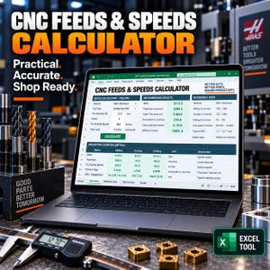 Könnte beinhalten: Ein Laptop mit einer CNC Feeds & Speeds Calculator Tabelle, umgeben von Metallschneidwerkzeugen, einem digitalen Messschieber mit 12,70 mm Anzeige und quadratischen Wendeschneidplatten. Der Bildschirm zeigt technische Daten für Fräsvorgänge.