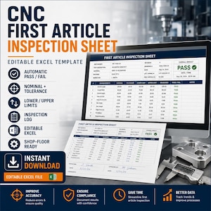 Può includere: Un modello Excel modificabile per una scheda di ispezione del primo articolo CNC visualizzato su un monitor e un documento stampato, con una tabella che include colonne per caratteristiche, valori nominali, tolleranze e risultati di test.