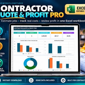 Może przedstawiać: Ekran laptopa wyświetlający pulpit nawigacyjny Contractor Quote & Profit Pro w programie Excel, zawierający wykresy słupkowe, wykres kołowy i tabele danych do śledzenia zleceń. Interfejs zawiera etykiety tekstowe, takie jak Active Jobs i Completed.