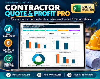 Contractor Estimate Excel Template | Job Costing, Quote Calculator & Profit Tracker | Construction Cost Dashboard