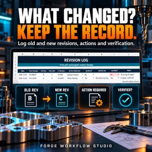 May include: A digital display showing a revision log spreadsheet with columns for date, part number, and verification status. Below the table are four icons labeled Old Rev, New Rev, Action Required, and Verified, with text above reading WHAT CHANGED? KEEP THE RECORD. Log old and new revisions, actions and verification.