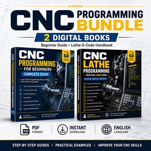 May include: A CNC programming bundle featuring two digital books titled CNC Programming for Beginners and CNC Lathe Programming. The covers are black and yellow with text detailing topics like G-codes, M-codes, and tool offsets. Includes PDF icons.