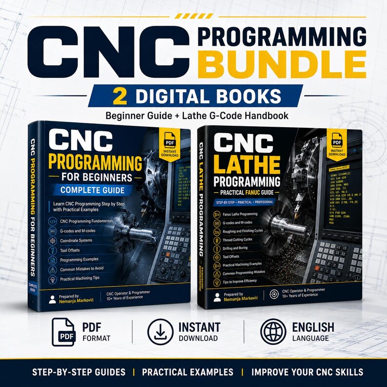 May include: A CNC programming bundle featuring two digital books titled CNC Programming for Beginners and CNC Lathe Programming. The covers are black and yellow with text detailing topics like G-codes, M-codes, and tool offsets. Includes PDF icons.