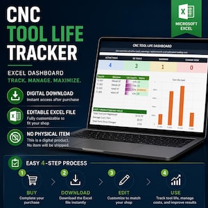 Peut inclure: Un tableau de bord Excel numérique de suivi de la durée de vie des outils CNC affiché sur un écran d'ordinateur portable. L'interface présente un résumé des outils actifs, un tableau de statut avec les identifiants, machines et pourcentages.