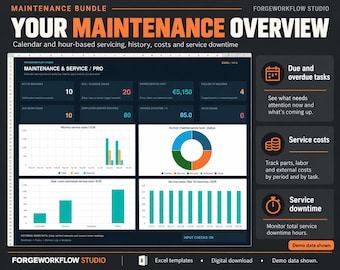 May include: A digital maintenance bundle dashboard titled Your Maintenance Overview by ForgeWorkflow Studio. The interface displays Excel-based metrics including active machines, service costs, task status, and downtime charts with data visualisations.