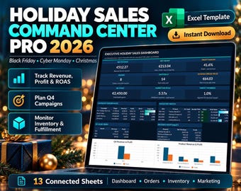 Holiday Sales Command Center Pro 2026 | Black Friday, Christmas Dashboard (Excel Template)