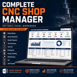 Könnte beinhalten: Eine digitale CNC Shop Manager Excel-Arbeitsmappe auf einem Laptop-Bildschirm. Das Dashboard zeigt Kennzahlen wie abgeschlossene Aufträge, produzierte Teile und Umsatz. Die Benutzeroberfläche enthält Registerkarten für Werkzeuglisten.