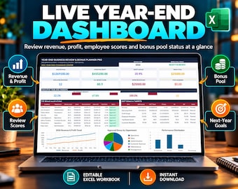 Year-End Business Review Excel | Employee Bonus Planner, Performance Review & 2027 Goals Dashboard