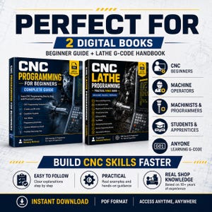 Op de afbeelding: Twee digitale boeken getiteld CNC Programming for Beginners en CNC Lathe Programming. De covers hebben donkerblauwe achtergronden met afbeeldingen van technische machines, witte en gele tekst en PDF-downloadpictogrammen voor instructies.