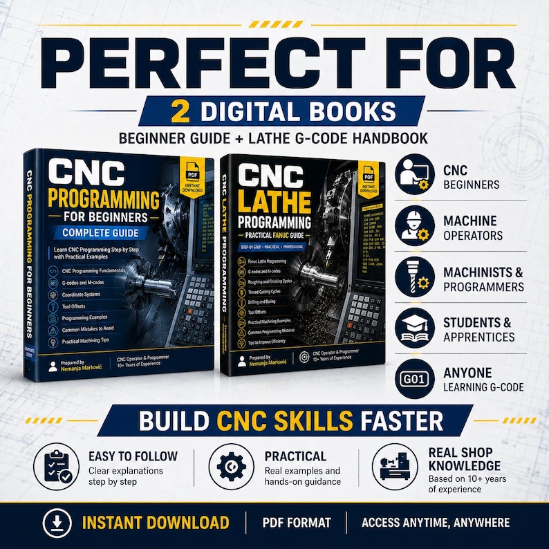 May include: Two digital books titled CNC Programming for Beginners and CNC Lathe Programming. The covers feature dark blue backgrounds with technical machinery imagery, white and yellow text, and PDF download icons for instructional content.
