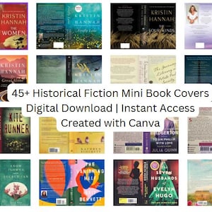 May include: A collection of over 45 miniature book covers featuring various historical fiction titles, including The Women, Firefly Lane, The Four Winds, and The Seven Husbands of Evelyn Hugo, displayed in a grid layout with text overlays.