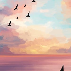 May include: An abstract painting of a sunset over the ocean. Silhouetted birds fly across a sky of pink, orange, and blue hues. A sailboat is on the water, with a dark sail.