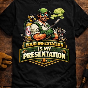 May include: Black t-shirt featuring a cartoon pest control worker with a cigar, sunglasses, and a sprayer. The design includes a rat, insects, and the text "YOUR INFESTATION IS MY PRESENTATION" in a green and gold banner.
