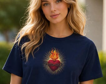 Sacred Heart T-Shirt, Minimales Herz-Grafik-T-Shirt, Ästhetisches Flammen-Herz-Shirt, spirituelle Streetwear, Unisex-T-Shirt, Geschenk für Sie und Ihn