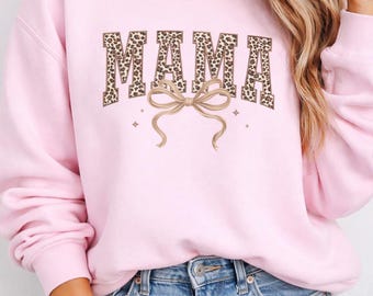 Mama Sweatshirt, Leopard Mama Shirt, Kokette Bogen Sweatshirt, Pink Mama Pullover, Muttertagsgeschenk für Mama, Trendy Mom Rundhalsausschnitt