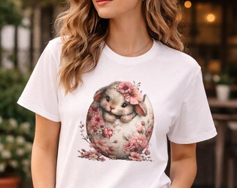 Osterhase T-Shirt, Blumenhäschen-Grafik-T-Shirt, süßes Frühlings-Shirt, Cottagecore Ästhetik, Ostergeschenk für Frauen, Pastellhäschen-T-Shirt
