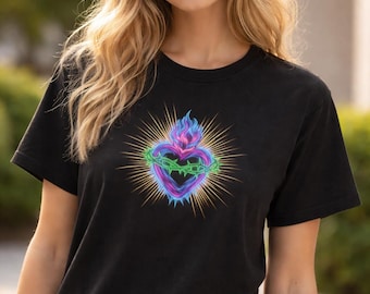 Neon Sacred Heart T-Shirt, Brennendes Herz Grafik T-Shirt, Edgy Streetwear Shirt, spirituelles Herz Design, Cyberpunk Neon Shirt