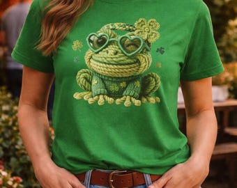 Grünes gestricktes Frosch-T-Shirt, niedliches ästhetisches Tier-T-Shirt, gemütliches Natur-Art-Shirt, Unisex-Grafik-T-Shirt,