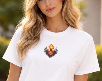 Sacred Heart T-Shirt, Minimales Herz-Grafik-T-Shirt, Ästhetisches Flammen-Herz-Shirt, spirituelle Streetwear, Unisex-T-Shirt, Geschenk für Sie und Ihn