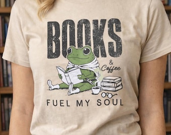 Bücher und Kaffee Shirt, Frosch lesen T-Shirt, Buch-Liebhaber Geschenk für Frauen, Bibliothekar Grafik-T-Shirt, süßes Bücherwurm Unisex Shirt