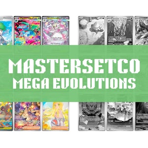 Puede incluir: Colección de cartas coleccionables de Pokémon con varios personajes y diseños. Las cartas se muestran sobre un fondo verde con el texto "MASTERSETCO MEGA EVOLUTIONS". Las cartas muestran colores vibrantes e ilustraciones detalladas.