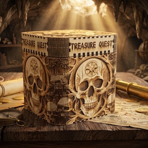 May include: A square wooden box with the text TREASURE QUEST laser-engraved on the top edge. The sides feature intricate, layered carvings of human skulls with compass symbols on the foreheads, surrounded by detailed, dark-toned wood textures.