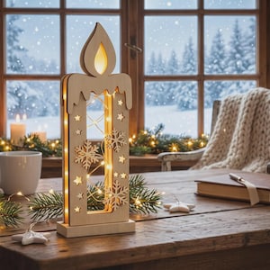 Op de afbeelding: Een lichtgekleurde houten kaarsvormige decoratie met een uitgesneden vlam aan de bovenkant, sneeuwvlok- en stervormige uitsparingen en geïntegreerde warmgekleurde lichtsnoeren. Het object staat op een rechthoekige voet en is verlicht.