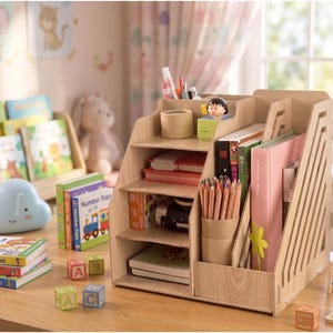 May include: A light-colored wooden desk organizer featuring multiple shelves and vertical slots. It holds various books, notebooks, a pencil cup with colored pencils, and small decorative items. The side panels have a diagonal slat design.