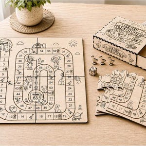 May include: A wooden board game set featuring a puzzle-style game board with numbered squares from 1 to 63, a sliding storage box labeled 'LE JEU DE L'OIE', three small goose-shaped game pieces, and a single six-sided die with engraved numbers.