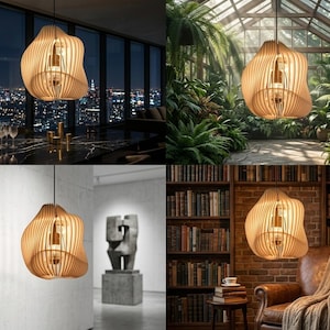 May include: A pendant light fixture featuring a series of curved, light-colored wooden slats arranged in an organic, asymmetrical shape. The structure surrounds a central light bulb, creating a warm glow through the gaps between the wooden pieces.