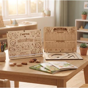 May include: A light-colored wooden educational learning station featuring two hinged boards. One board displays geometry lessons with illustrations and the text J'apprends la GÉOMÉTRIE. The other board shows addition and multiplication tables.