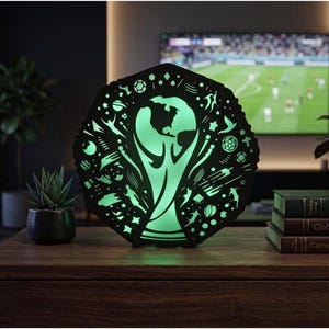 Luminária de troféu de futebol em SVG, luz noturna da Copa do Mundo de futebol, modelo de caixa de sombra cortado a laser