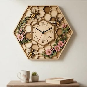 May include: Wooden honeycomb-shaped wall clock with a central clock face and decorative bees, flowers, and leaves. The clock features a light wood finish and black clock hands. The clock is mounted on a white wall.