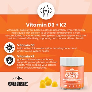 May include: An orange bottle of Vitamin D3 + K2 gummies with a white lid, alongside yellow gummy vitamins. The label reads "Vitamin D3 + K2 Gummies, Natural Orange Flavor." The image also includes text about bone and heart health.