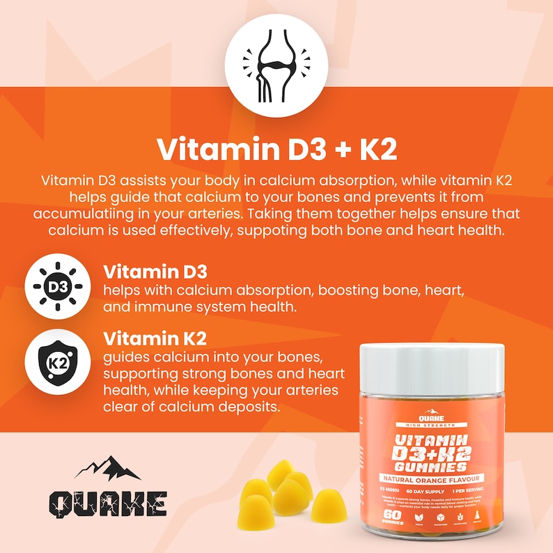 May include: An orange bottle of Vitamin D3 + K2 gummies with a white lid, alongside yellow gummy vitamins. The label reads "Vitamin D3 + K2 Gummies, Natural Orange Flavor." The image also includes text about bone and heart health.