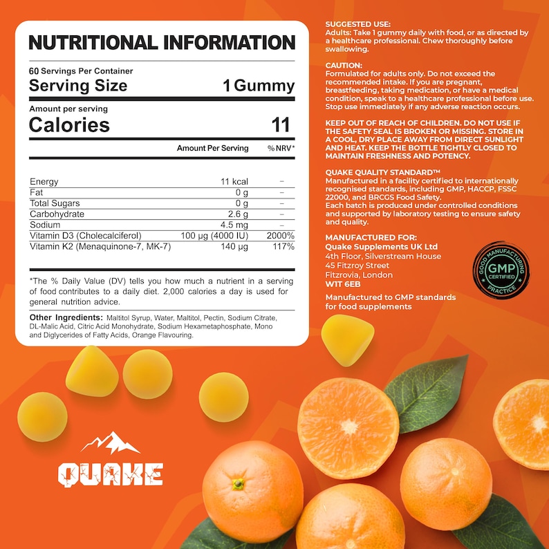 May include: An orange and yellow gummy vitamin product with nutritional information displayed. The label shows the serving size is one gummy, with 11 calories. The image includes orange slices and the brand name "QUAKE".