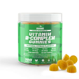 May include: A clear plastic jar of Vitamin B-Complex Gummies with a white lid. The label is green with white text that reads "Vitamin B-Complex Gummies" and "Natural Citrus Flavour". Several yellow gummies are scattered around the jar.