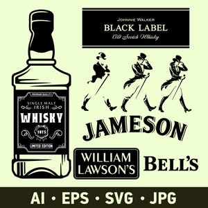 May include: Black and white vector graphic featuring a whiskey bottle with "Whisky" text, "Jameson" text, and "Johnnie Walker Black Label" text. Also includes "William Lawson's" and "Bell's" text, and file type icons.