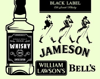 Scotch Irish alcohol drink whisky custom mock up bottles, famous marks labels SVG bundle. Digital download.