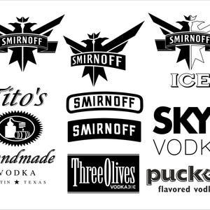 May include: Black and white logos for various vodka brands, including Smirnoff, Tito's, and Skyy. The Smirnoff logo appears multiple times with different designs. The image also features the text "Handmade Vodka Austin Texas."
