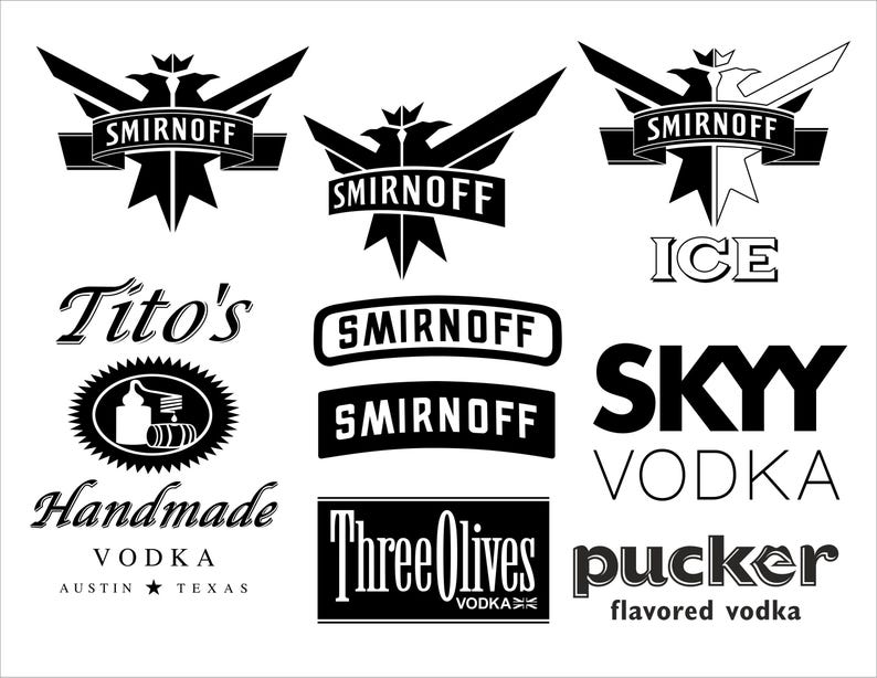 May include: Black and white logos for various vodka brands, including Smirnoff, Tito's, and Skyy. The Smirnoff logo appears multiple times with different designs. The image also features the text "Handmade Vodka Austin Texas."