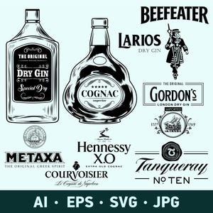 Op de afbeelding: Zwart-wit illustraties van verschillende drankmerken, waaronder "Beefeater", "Larios Dry Gin", "Gordon's London Dry Gin", "Hennessy X.O" en "Tanqueray No. Ten". De afbeelding bevat ook flessen "Dry Gin" en "Cognac".